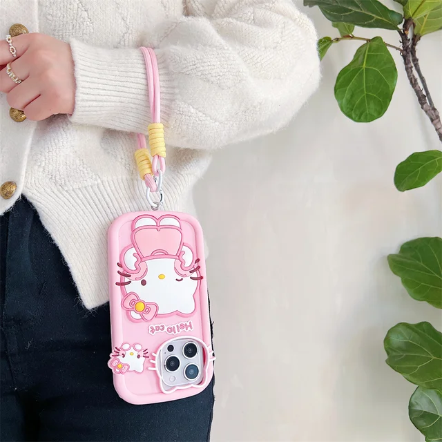 For iPhone 16 15 14 13 12 11 Pro Max X XR Xs Max 6 7 8 3D Cartoon Hello Kitty Silicone Phone Case With Wrist Strap Cute Cover 3