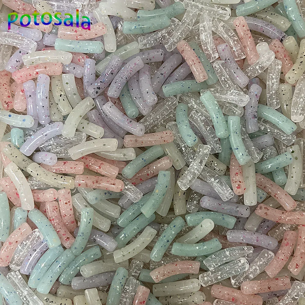 PH PandaHall 100 Perline Acriliche Tubolari Curve – 10 Colori Tema Scuro, 32x10mm Per Gioielli Fai Da Te