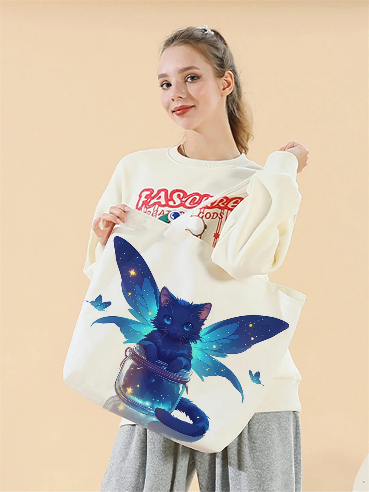 1pc,butterfly cat handbag, reusable fashionable handbag, multifunctional handbag, printed canvas shopping bag