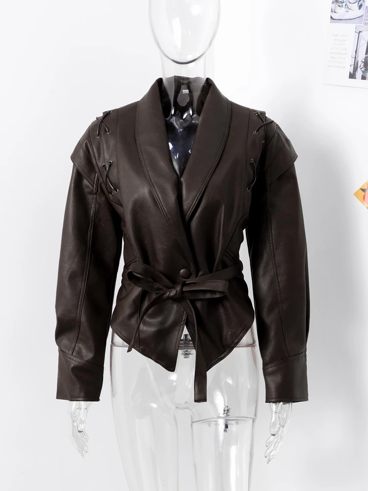 Faux Leather Brown Women Jackets 2024 Belt Lace Up Lapel Female Coat Vintage Casual Autumn One Button Long Sleeve Lady Outwear 5