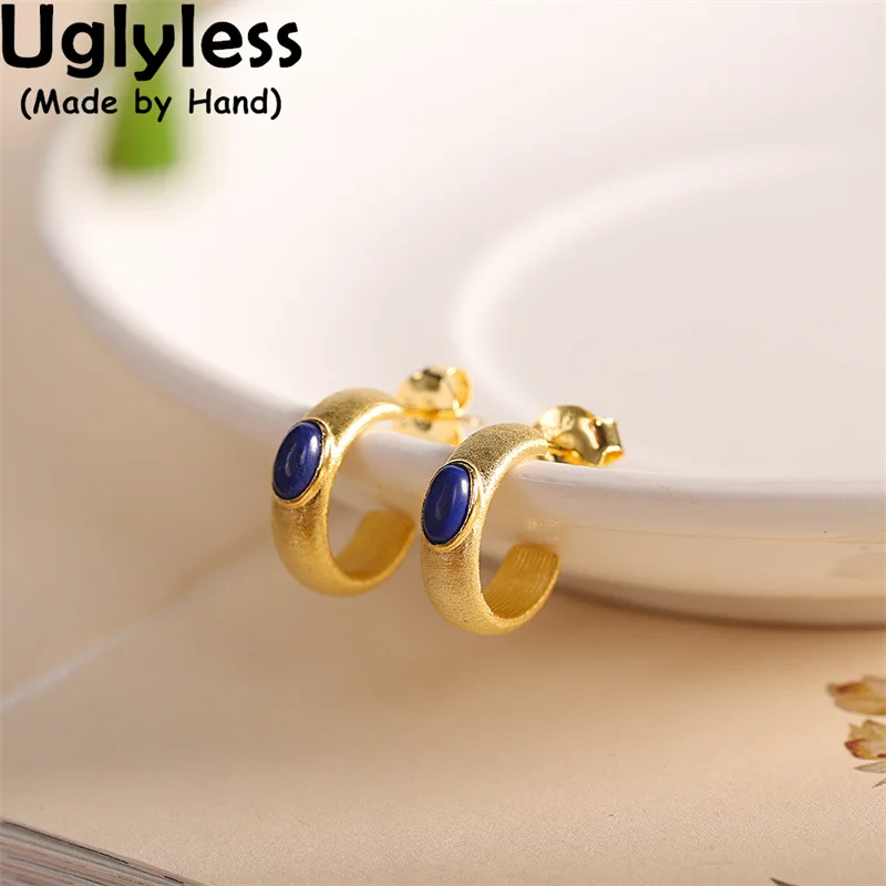 

Uglyless Gold Plated C Letter Studs Earrings for Women Nature Blue Lapis Lazuli Hoops Earrings 925 Silver Fashion Brincos Bijoux