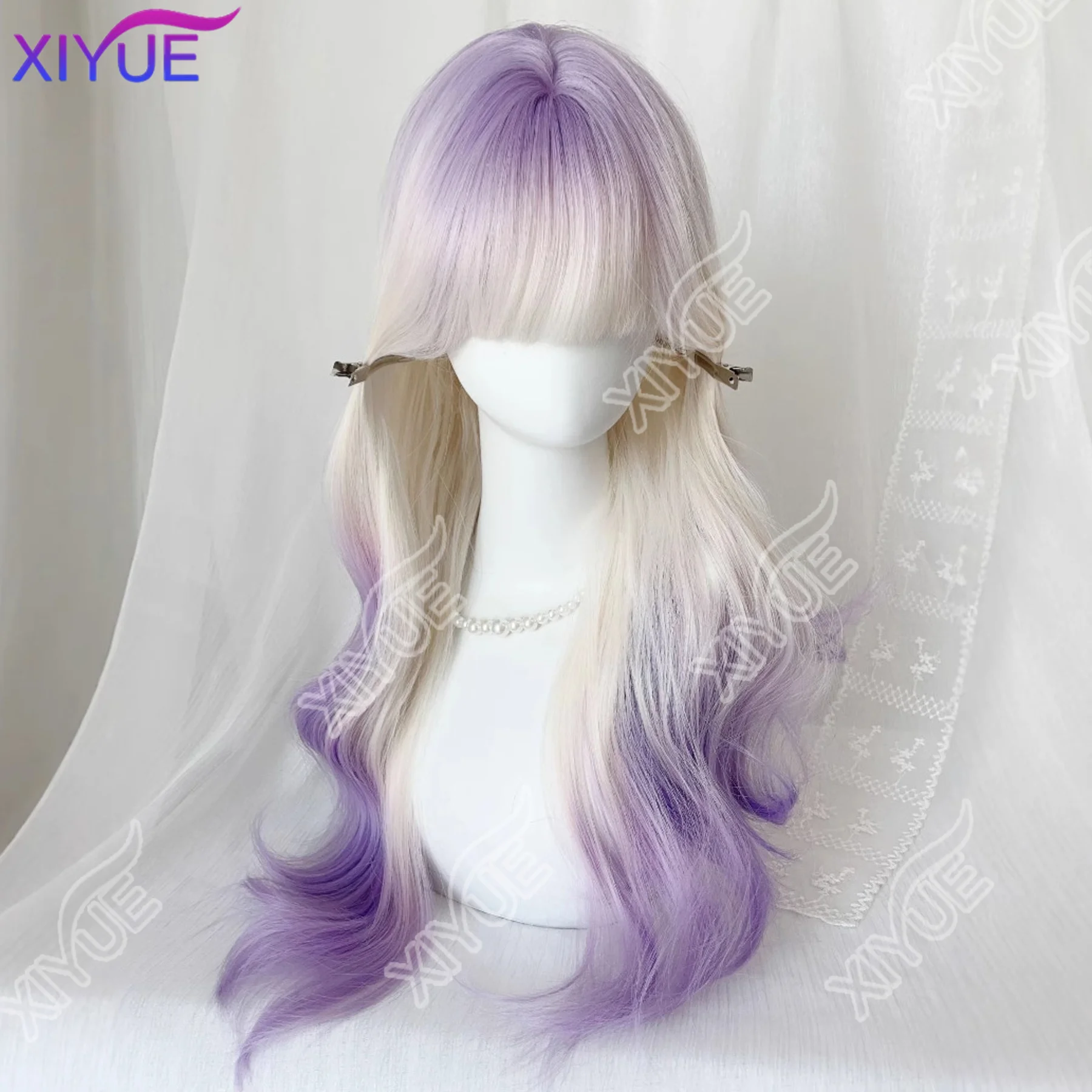 Synthetic Women Lolita Wavy Curly Milk white gradient violet Color Long Curly Hair Wigs With Bangs Cosplay Hair Wig For Daily