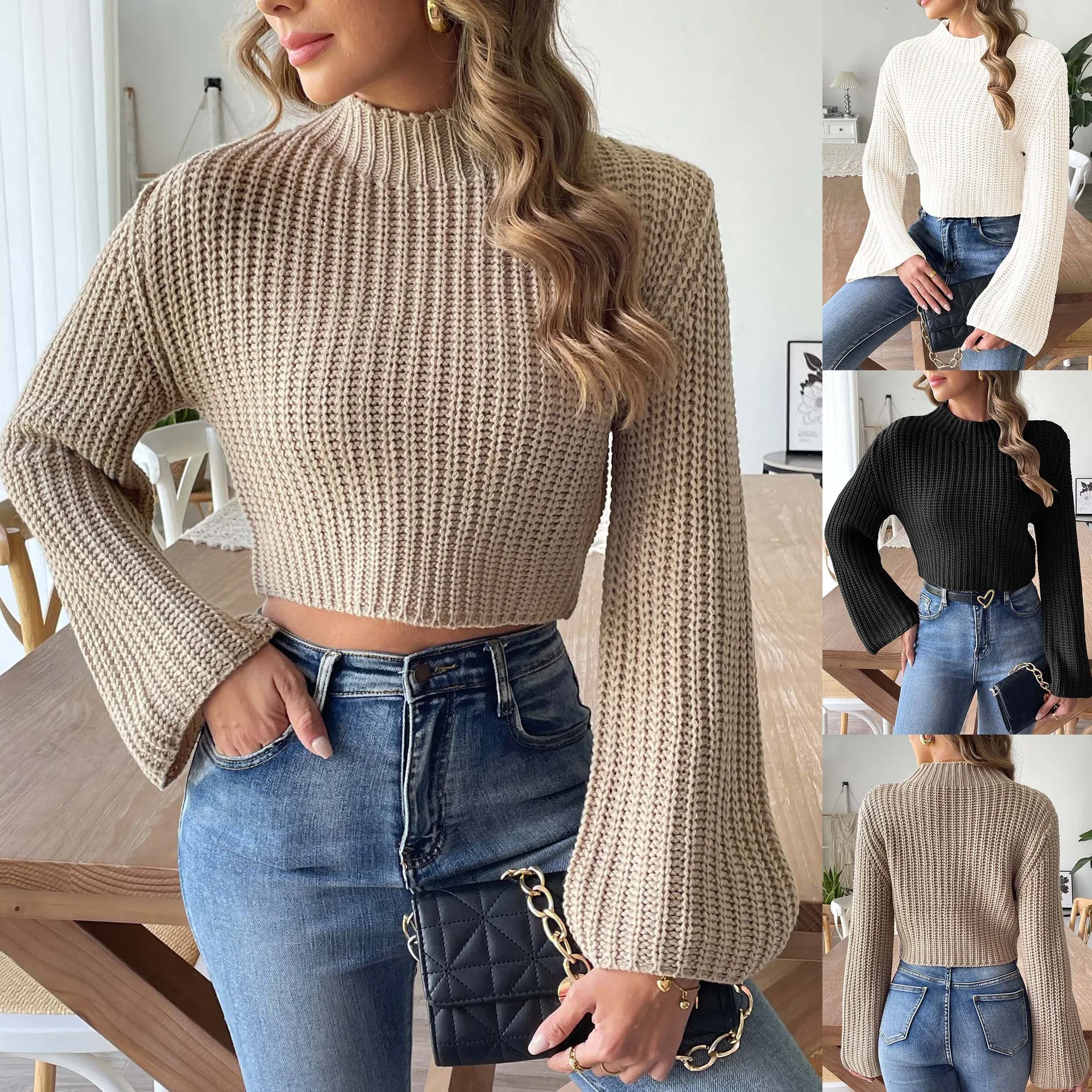 Women Knitted Sweaters Long Sleeve Cropped Slim Knitwear