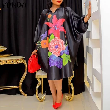 VONDA Women Bohemian Sundress 2026 Summer Floral Printing Long Dress Vintage 3/4 Bat Sleeve Casual Loose Vestidos Oversized Robe 1