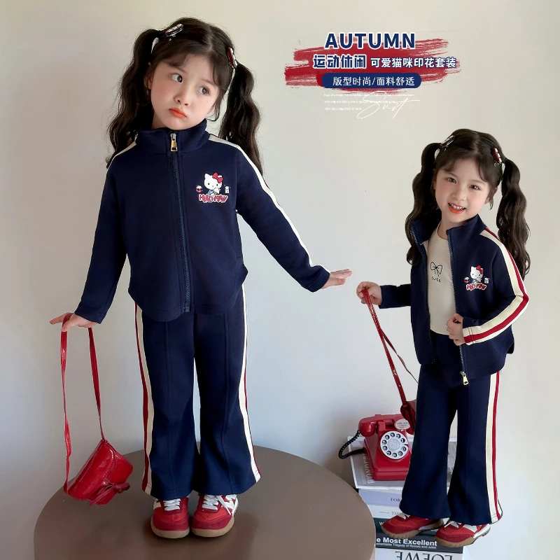 فتاة الملابس مجموعة الخريف طفل بلوزات البلوز لطيف مرحبا كيتي بلوزات وسراويل مخططة 2 قطعة  الأطفال الحلو رياضية