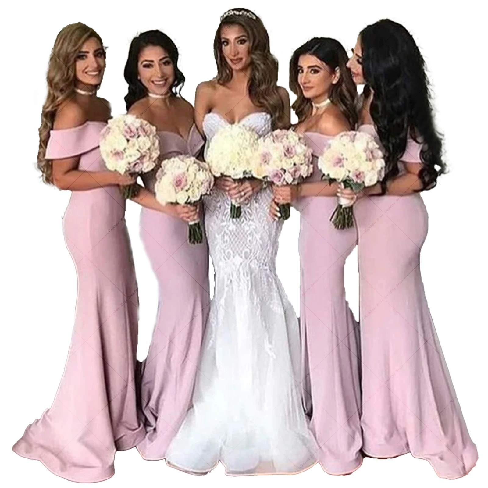 

Sexy Sheath Off-Shoulder Wedding Party Dresses Elegant Cap Sleeve Satin Maid Of Honor Gown Train Custom Made Bridesmaid Dress