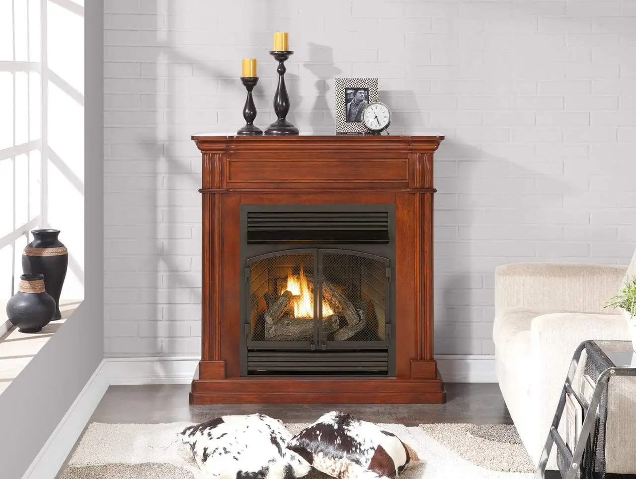 Dual Fuel Ventless Gas Fireplace System with Mantle, Remote Control, 6 Fire Logs, Use with Natural Gas or Liquid Propane 6