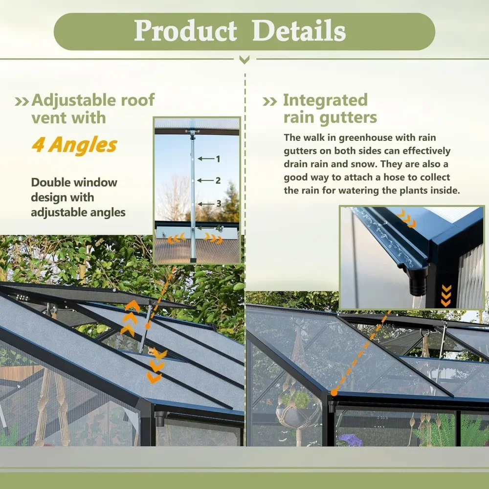 6x12 FTGreenhouse for Outdoors, with Lockable Door and Adjustable Roof Vent, Outdoors Greenhouse 3