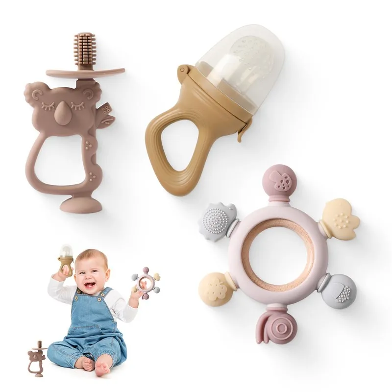 1Set Baby Silicone Koala Training Toothbrush BPA Free Wooden Teething Ring Safe Chew Newborn Teether Toys For Children Gift