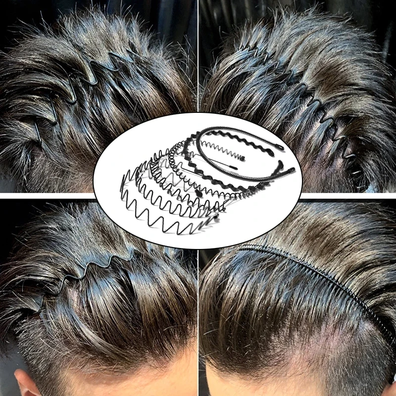 10/6 Pcs Metal Headband Spring Wavy Hair Band, Unisex Hairband for Men  Women, Sports Hair Hoop Non-slip Headwear Hair Accessories (Black) 