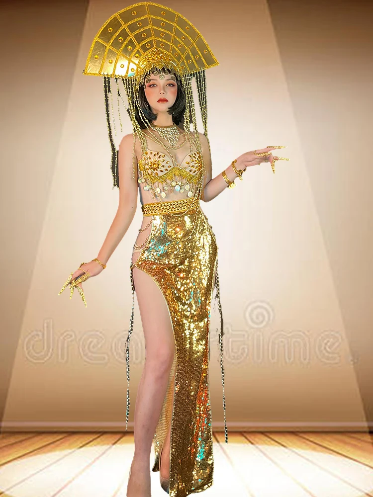 

Exotic Showgirl Golden Egypt Indian Belly Dance Split Dress Bikini Gogo opera Rave headdress nightclub bar show party costumes