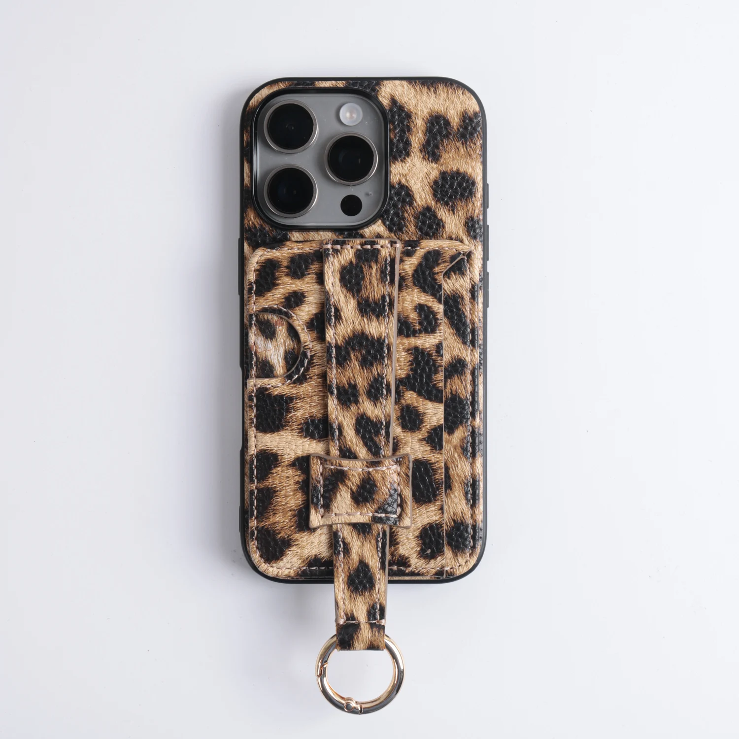 Leopard Print Pebbled PU Leather Phone Case with Card Holder and Finger Strap Ring Hook