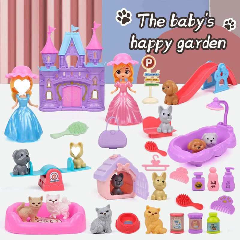 Cute Dog Pet Basket Family Toy Children Play House Games Toy Cute Mini Animal Scene Playing Toys Cat And Dog Doll Set Toys Gifts 3
