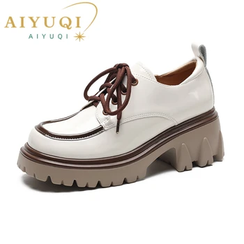 AIYUQI-로퍼 천연 가죽 라운드 토 레이스 숙녀화 여성용, 영국 스타일 하이힐, 2023 신상