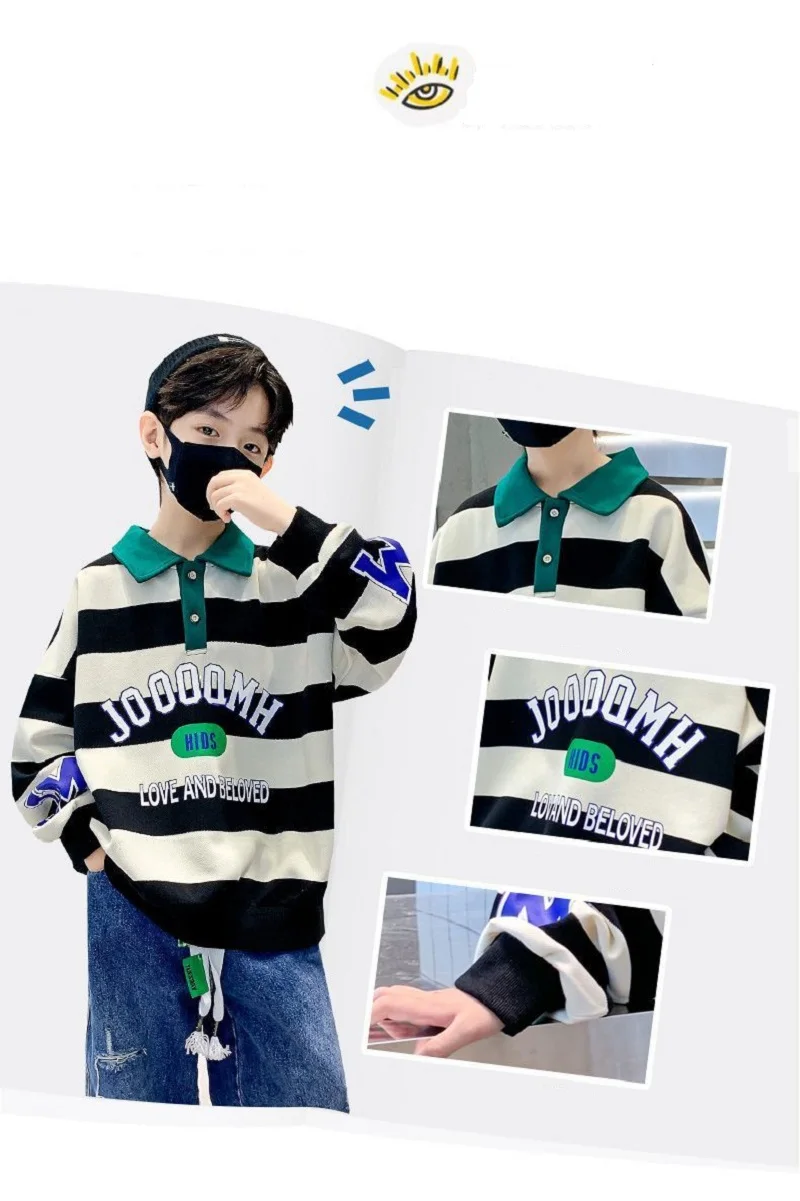 Sweatshirt Pullover Tops Jumper Boys School Kids 7-16 Yrs Cotton Contrast Striped Alphabet Turtleneck kids hoodie sweatshirts