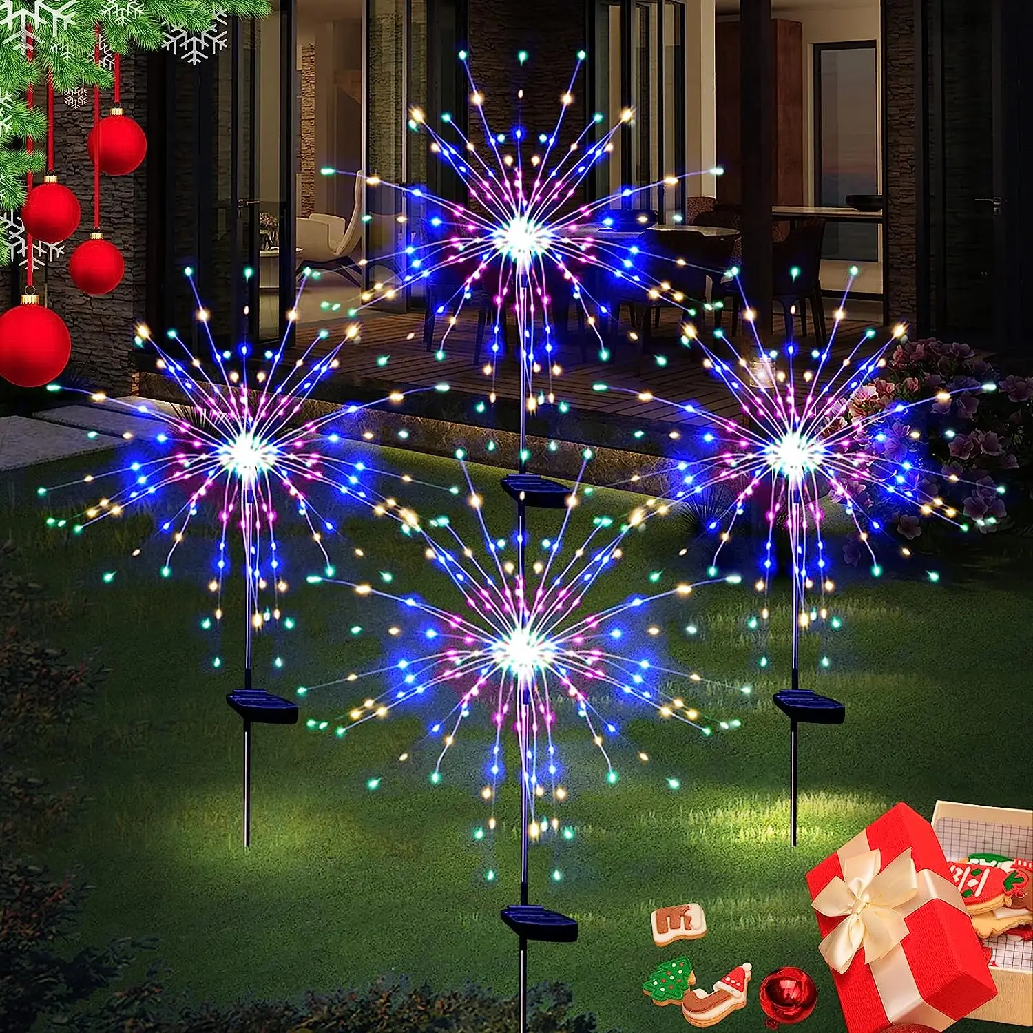 Luces Solares Led Exterior Jardin Luces De Fuegos Artificiales Azules Que Estallan En El Cielo Icono De Luces Solares Exterior