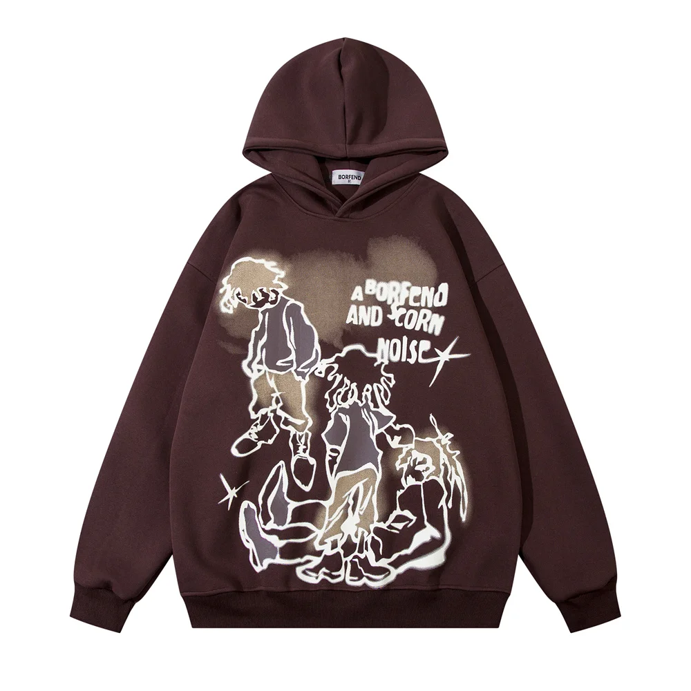 

Character Fleece Hooded Street Sweatshirt For Men Retro Y2k Gothic Design Loose Autumn Winter Casual Pullover Graphic Hoodie