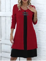 Women's One Piece Color Blocked Round Neck Dress Lady Long Sleeved  Button Up Dress Autumn Casual Elegant Dress - Image 5