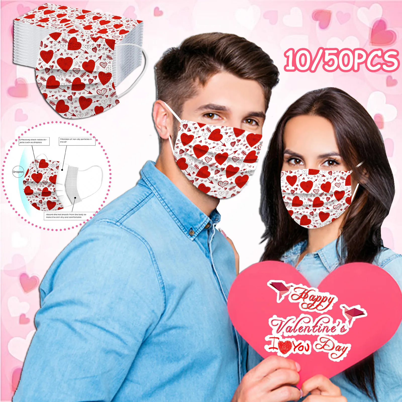 Adult Disposable Valentine's Day Hearts 3Ply Protective Face Mask 10/50PCS