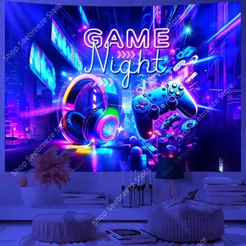Tapisserie réactive UV Game Over Game Zone, contrôleur de jeu pour salle de sport électronique, tenture murale, toile de fond néon, décor de dortoir et de chambre à coucher 1