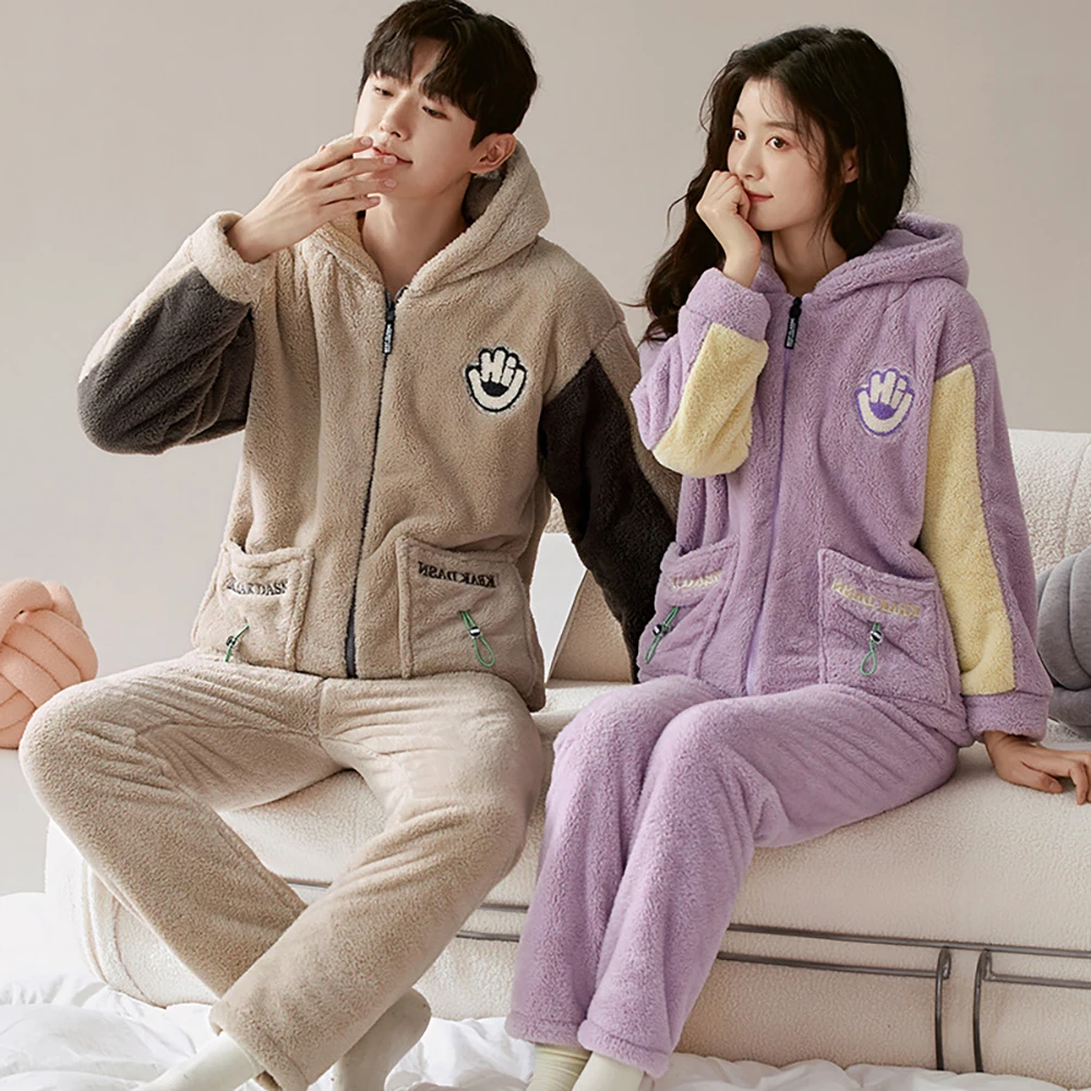 Antistatic Thicken Flannel Couple Sleepwear Men's Winter Warm Pajamas Set Casual Korean Style Zipper Patchwork pijama hombre
