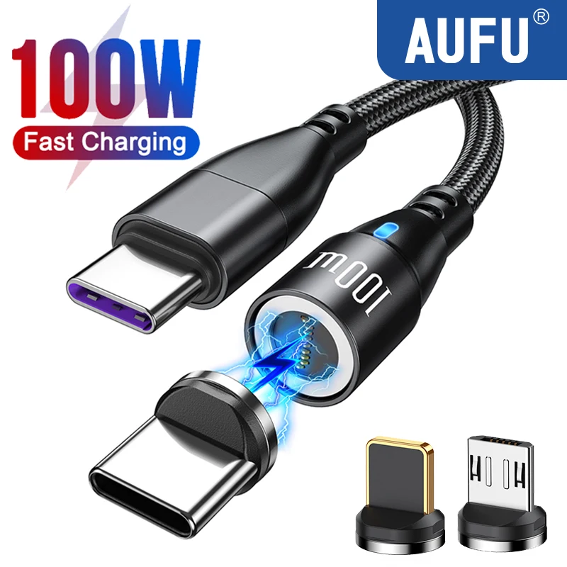 Магнитный зарядный кабель AUFU 100 Вт USB C для iPhone, Macbook, ПК, Samsung 5A, быстрая зарядка от USB C до Type C, Магнитный зарядный провод