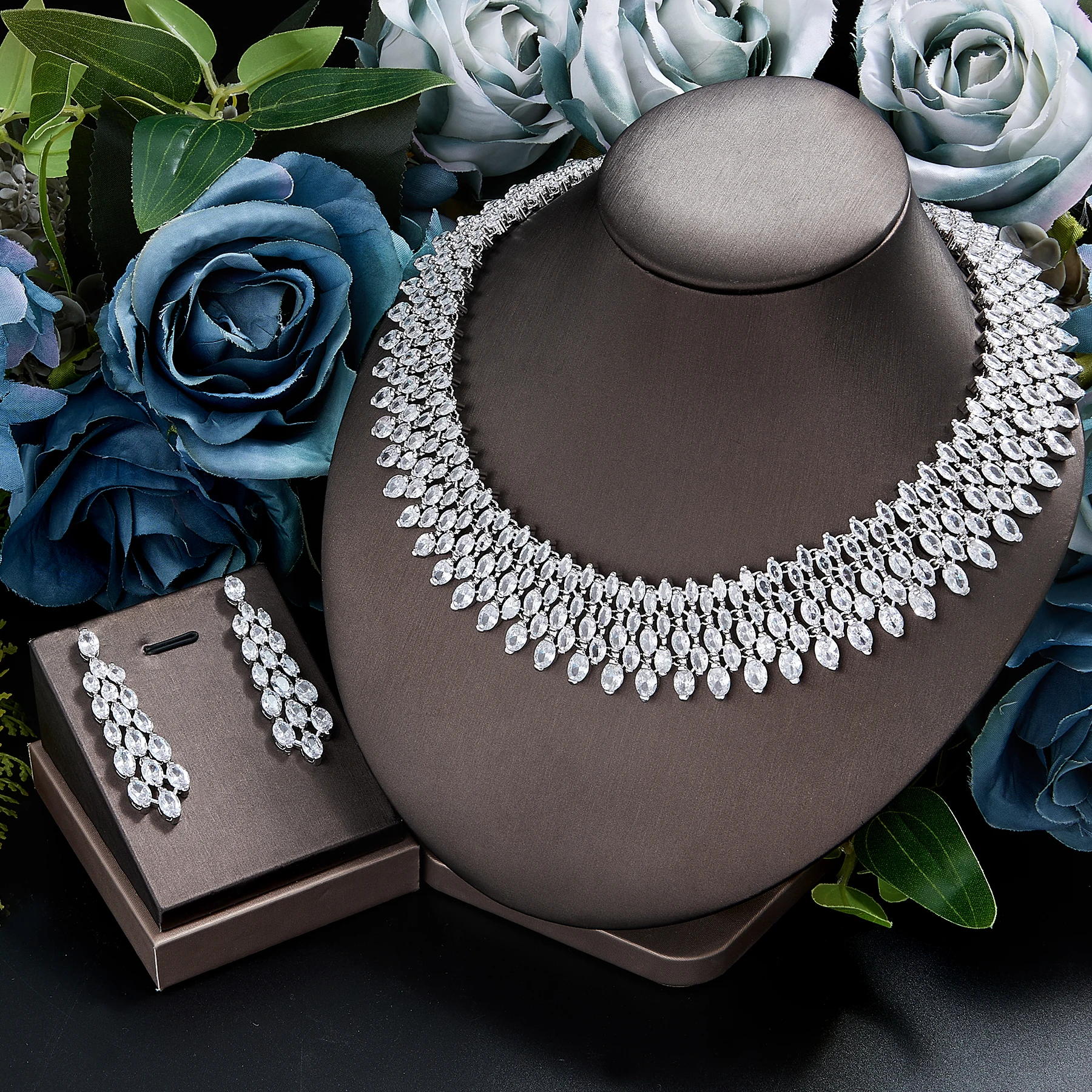 

2pcs Dubai Cubic Zirconia Tassel Drop Big Chunky Wedding Bridal Necklace Luxury Jewelry Sets for Brides Party