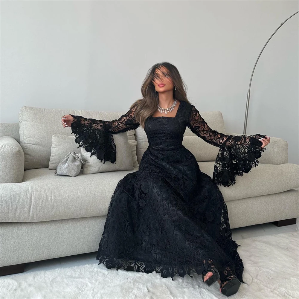 

Tarot Lace Square Collar A Line Prom Dresses Appliques Ankle Length Saudi Pageant Gowns 2024 Long Flared Sleeves Robes De Soirée