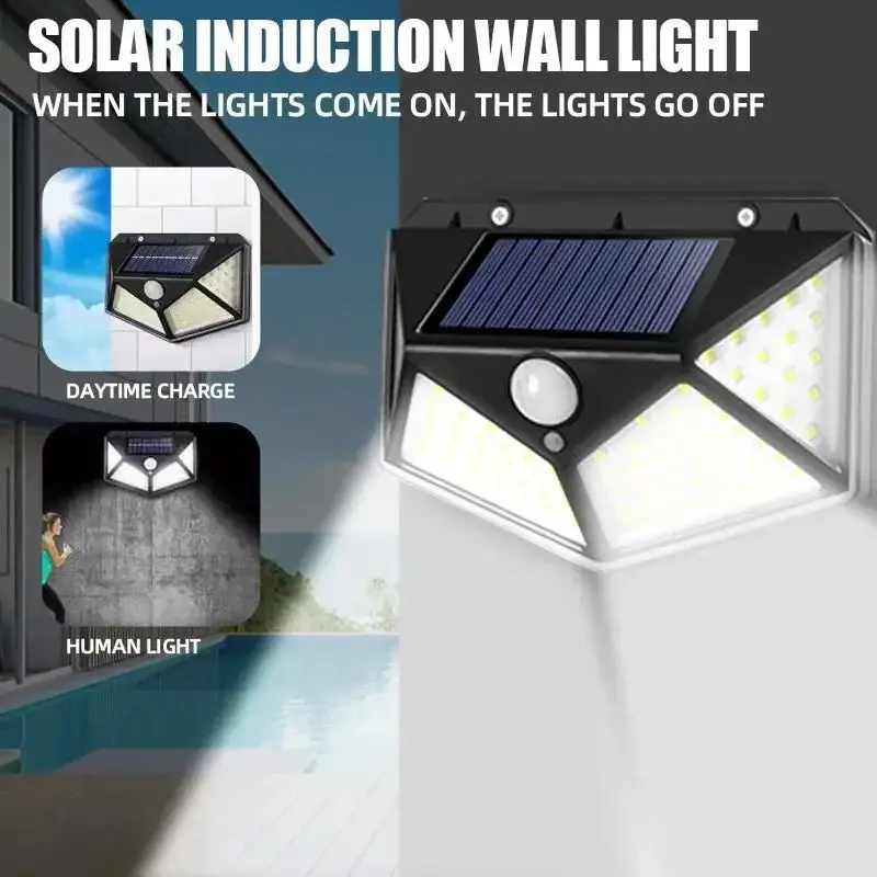 100LED solar wall light Outdoor Human Body Sensing Lamp waterproof Solar Powered Sunlight Street Lamp Garden Railing Decorative