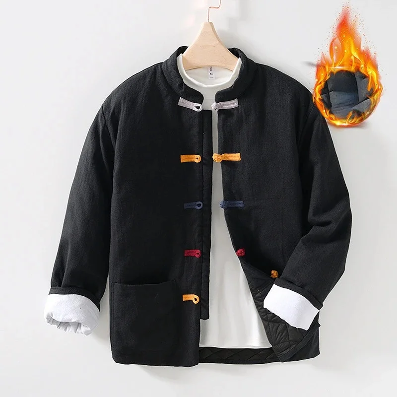 

Chinese Style Chic Colorful Button Men's Retro Cotton Linen Coat Stand Collar Simple Jackets Winter Fashion Warm Padded Top