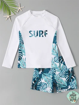 Boy Swimsuit 2025 New Solid And Print Long Sleeve Children Swimwear Summer Kids Beach Wear Shorts Swimming Bathing Suit For Men 1
