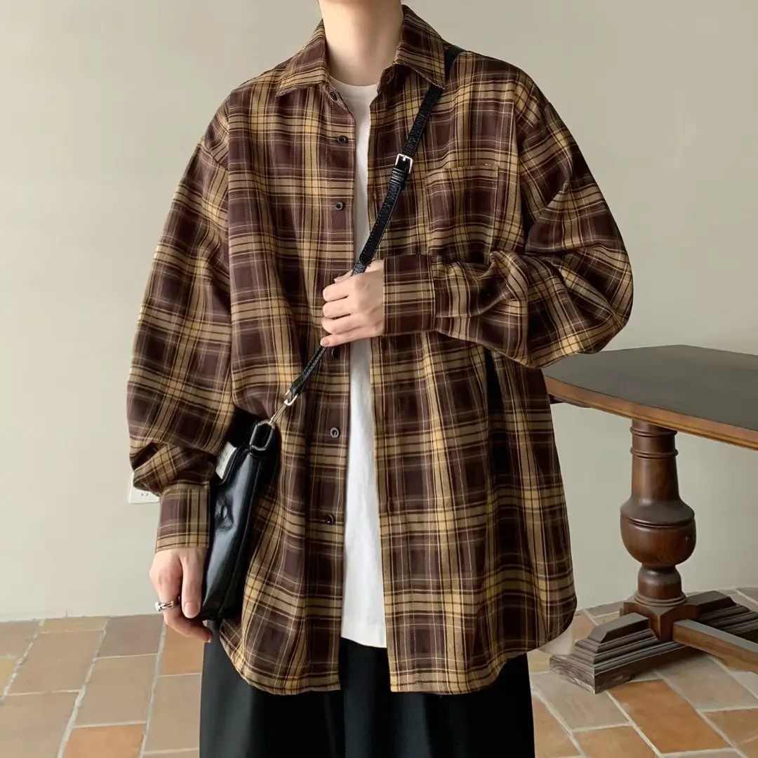 Autumn Japanese Men's 5XL Brown Vintage Y2K Oversized Long Sleeve Loose Plaid Shirts Coat Tops Blouse Camisas Streetwear Men