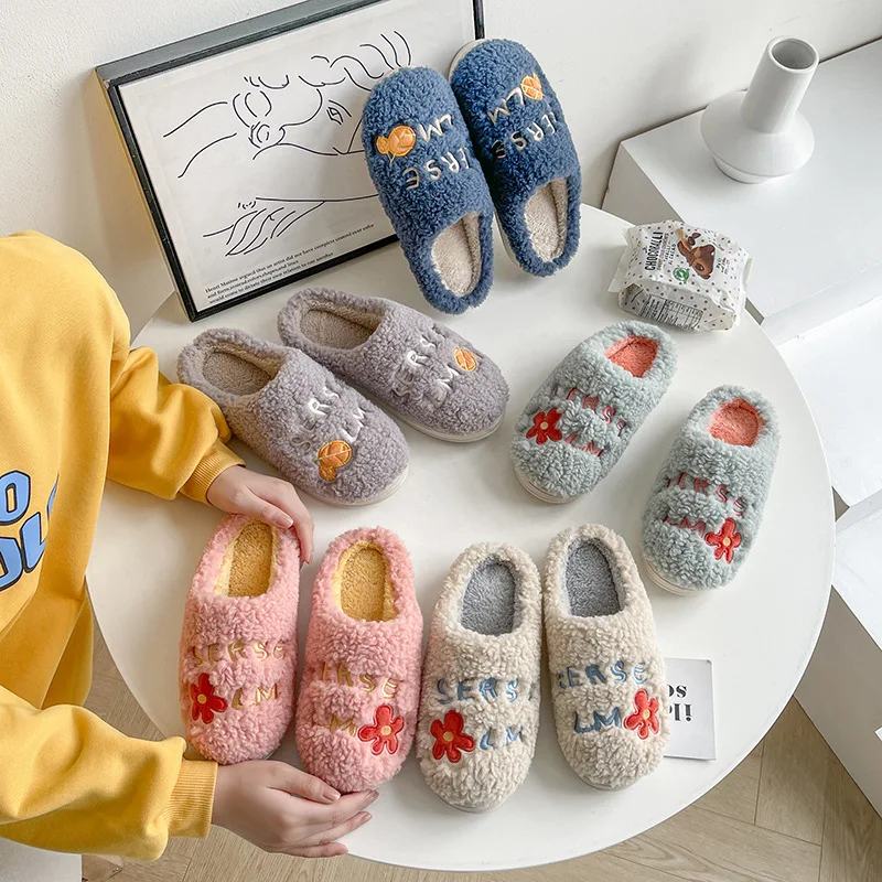 Fuzzy Women Slipper floral Winter Warm Kawaii Plush Contton Indoor Floor Non Slip House Home Men Male Shoes Female 2024 New In
