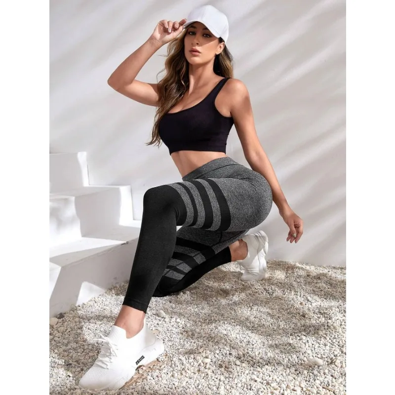 Black Stripe Leggings Women Seamless Slim Tights Gym Trainning Running High Waist Hip Liftting Fashion Knit Yoga Fitness Pants 5