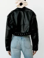 BBWM Women Oversized Vintage Loose Pu Faux Leather Short Jacket with Belt Streetwear Female Zipper Retro Moto Biker Coat Outwear - Image 3