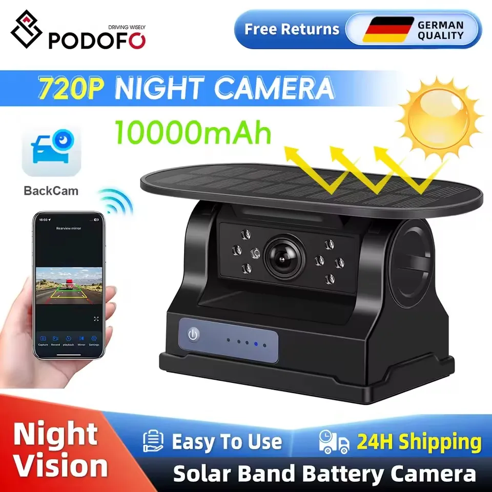 Podofo WiFi Wireless Solar Band Battery 720P ackup Camera For Bus Van Truck RV Car Waterproof Camera