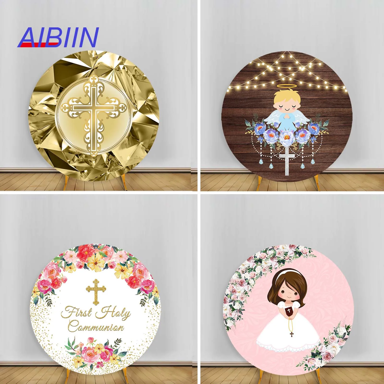 

AIBIIN Round Arch Backdrop Cover Baptism First Holy Communion God Bless Party Decor Angel Floral Photography Background