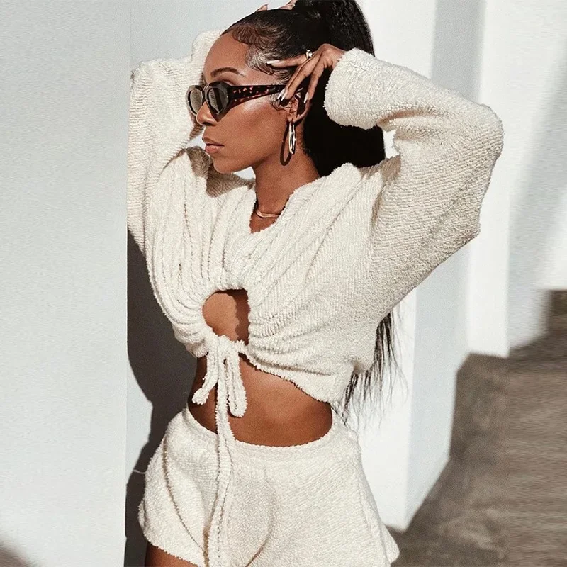 2024 Autumn Women's Two-piece Suit New Ladies Fashion Solid Color Long-sleeved Fleece Sweater Drawstring Shorts Suit Women