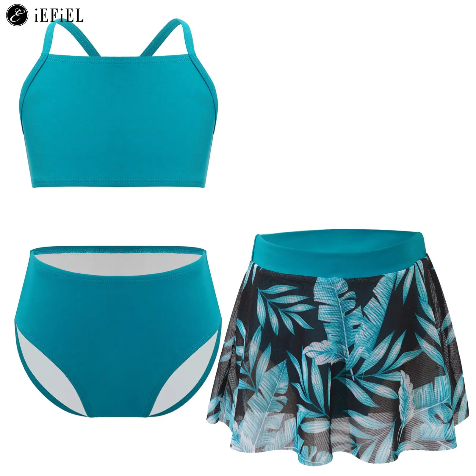 

Kids Girls Hawaiian Print Swimwear 3 Pieces Beach Tankini Swimsuit Solid Color Bikini Set with Mesh Cover Up Skirt Bathing Suit