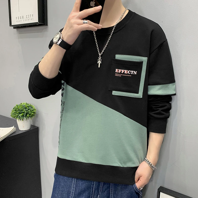 2023 Autumn Winter Long Sleeve Men's Casual Round Neck Bottom Hoodies Patchwork Pocket Contrast Color Letter Pullover Loose Tops