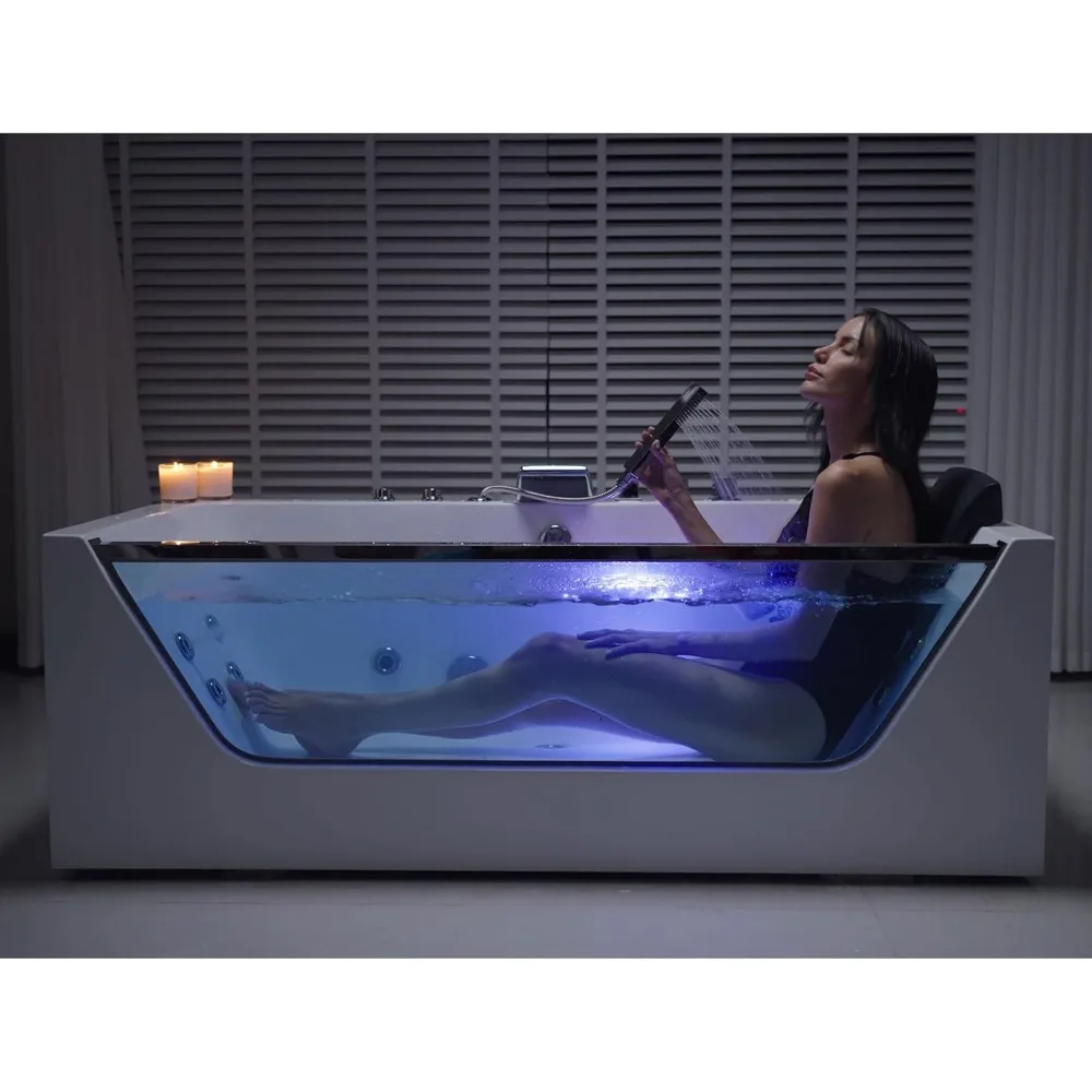 59 x 29" Whirlpool Tub,Acrylic Jetted Bathtub with 11 Jets,Hydromassage with Chromatherapy,3-Side Apron,58 Gallons 2