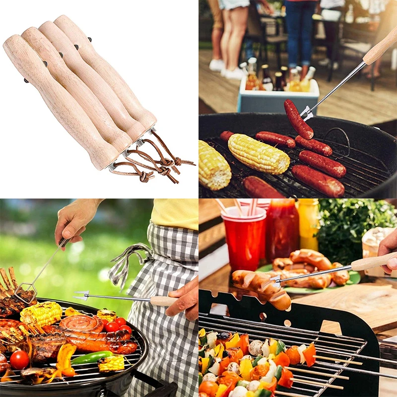 Barbecue Skewers Barbecue Tools Retractable Rugged Wood Handle Barbecue Fork Grill Bar