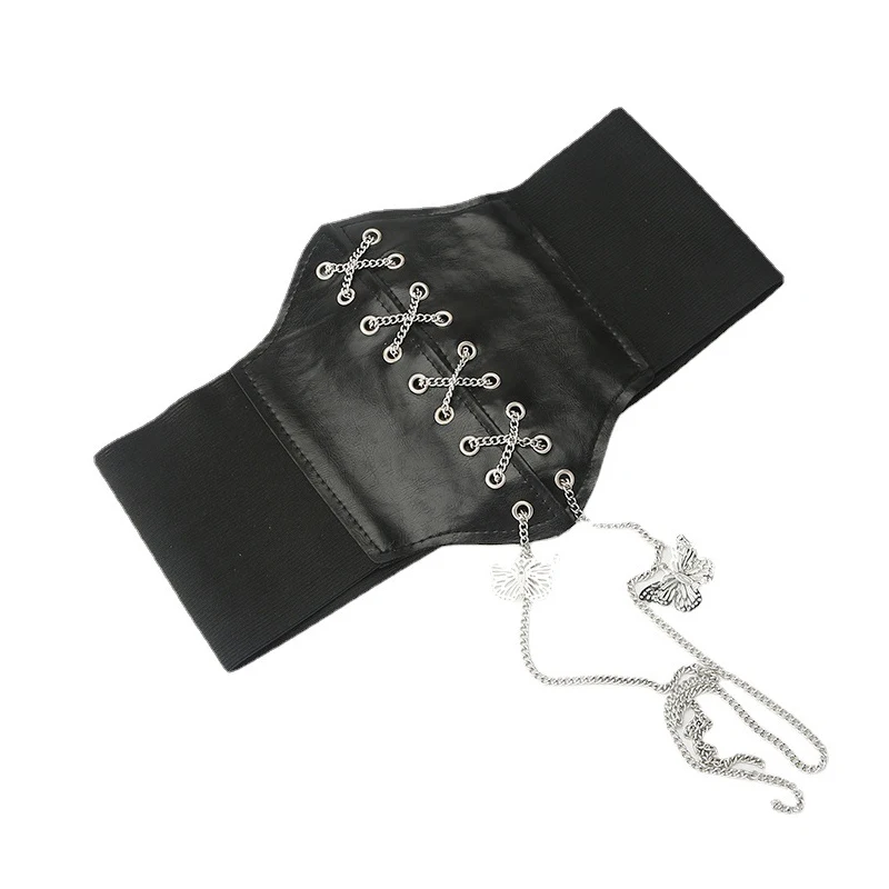 Women Corset Waistband Underbust Gothic Butterfly Chain Curve Shaper Strap Slimming Waist Belt Chain Lace PU Corsets Bustiers