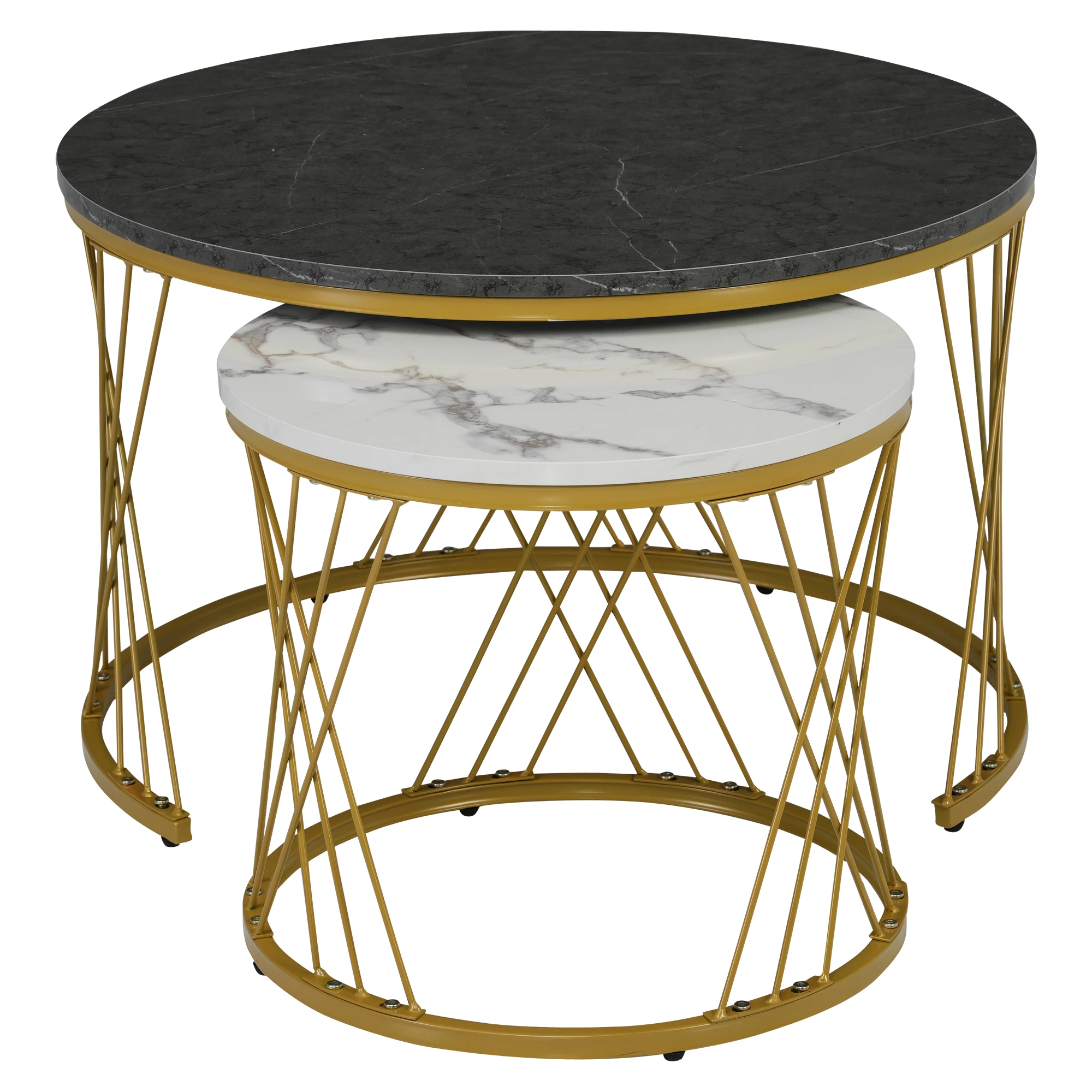 (WF300416AAA) Modernes Satztisch-Set – Sofa-Beistelltische mit Marmorfurnier, runde Beistelltische (2er-Set) mit Goldakzenten – Detail 26