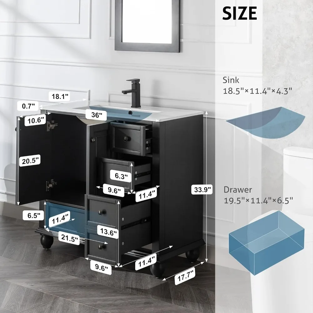 36" Bathroom Vanity Sink Combo Vintage Style with Painted Solid Wood Construction, W/Matte Black Faucet & Drain, French Grey 2