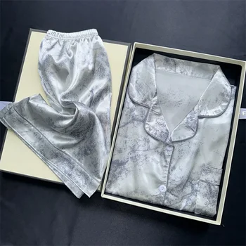 2 pezzi stampa indumenti da notte pigiama da notte in raso di seta sintetica moda pigiama casual pantaloncini da donna pigiama set abiti da pittura a inchiostro 1