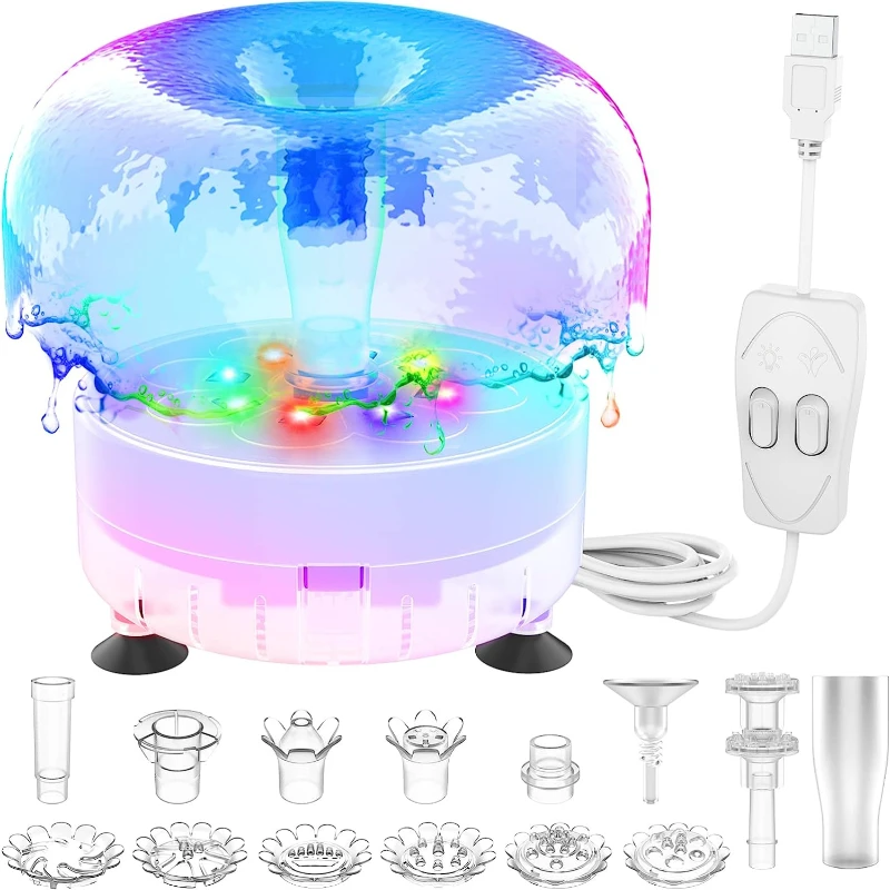 2.5W Fountain Pump DIY Water Fountain Pump Kit with LED Light Nozzles 15.8 ft USB Power Cord AC Adapter
