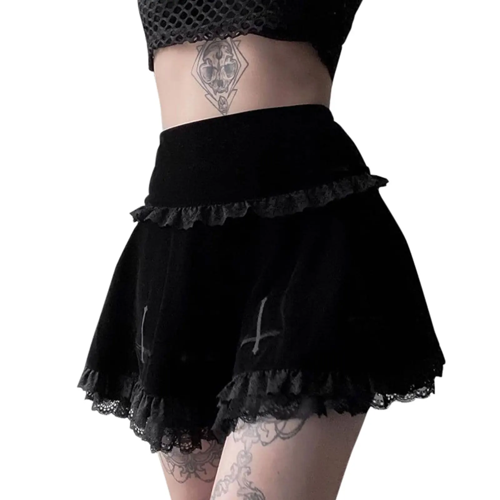 2024 Punk Cross Pattern Mini Skirt Y2K Grunge Gothic Black Lace High Waist Pleated A-line Skirt Vintage Women E-girl Clothes 1