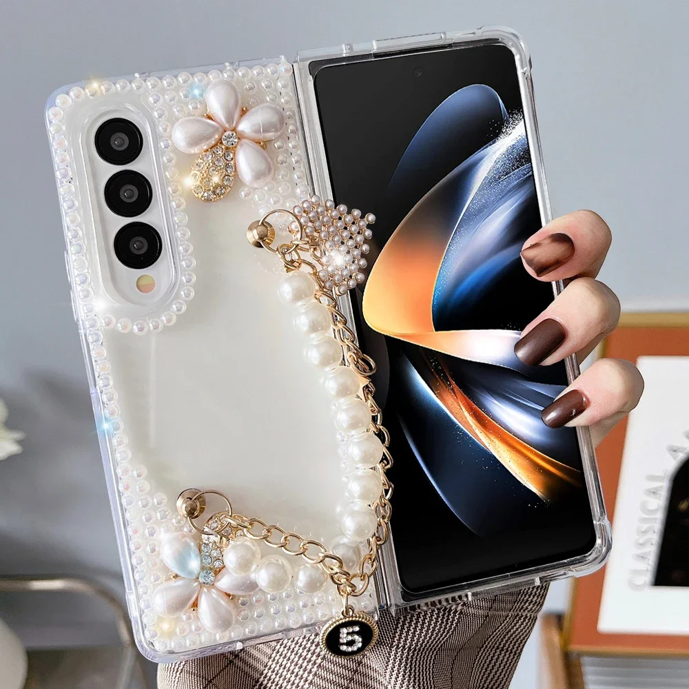 Per Samsung Galaxy Z Fold 4 Case Cute For Women Girls Luxury 3D Handmade Sparkle Pearl Strap Chain Diamond Bling Glitter Cover