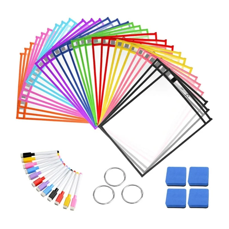 

30PCS Worksheet Pockets Reusable Clear Plastic Sheet Protectors Waterproof PVC Pocket with Marker, Eraser, Binder Rings